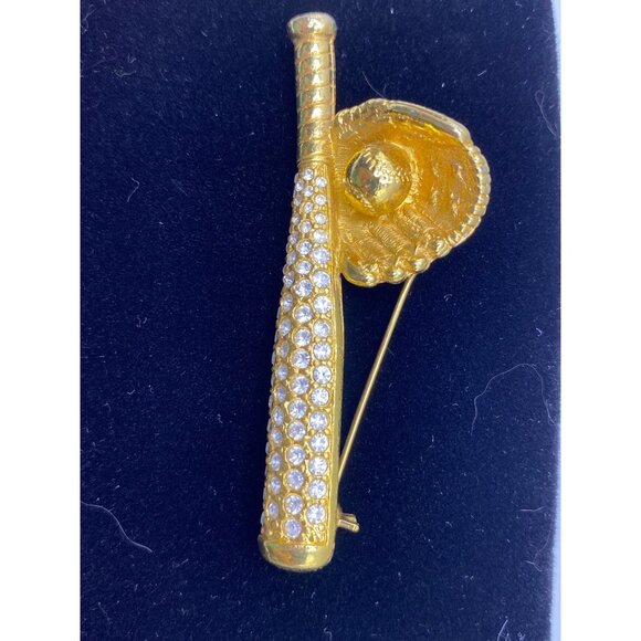 Cookie Lee Goldtone Baseball Bat & Glove Brooch With Rhinestones J0242 - Picture 1 of 9
